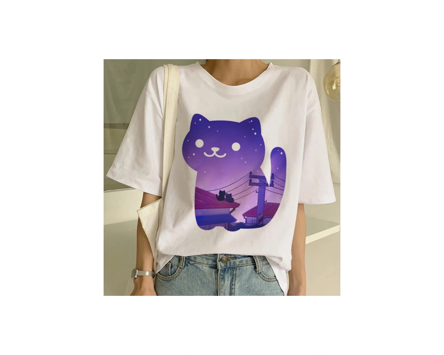 Beyaz Yeni Sevimli Kedi Komik Karikatür Baskı Tshirt Harajuku Kawaii T-shi