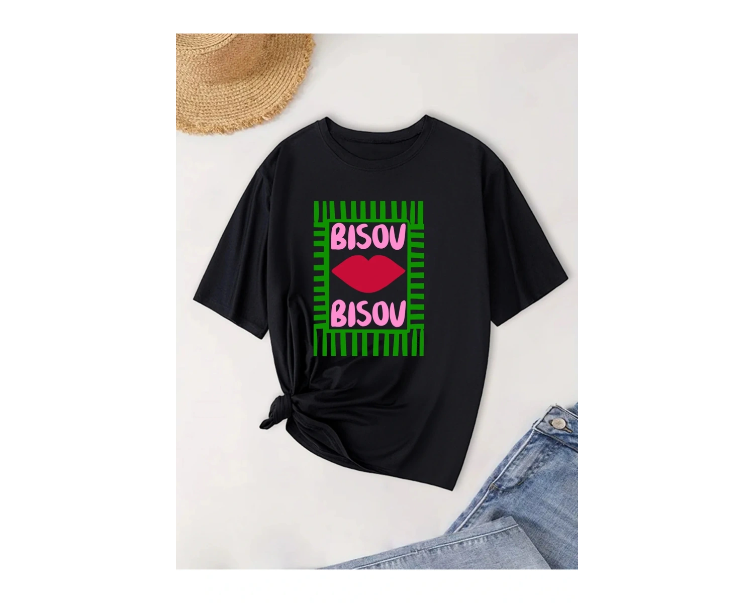 Beyaz Yeşil Çizgili Dudaklar Harfler Baskılı Yuvarlak Yaka günlük Grafik T