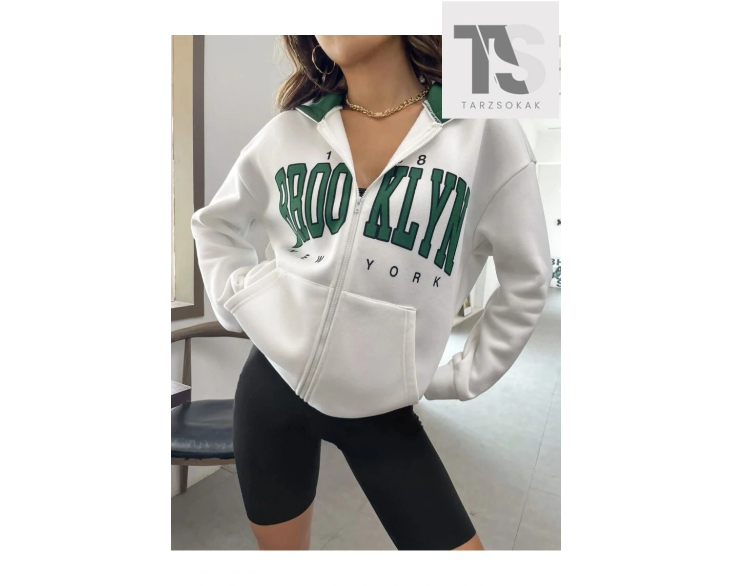 Beyaz Yeşil Kapüşonlu Fermuarli Brooklyn Oversize