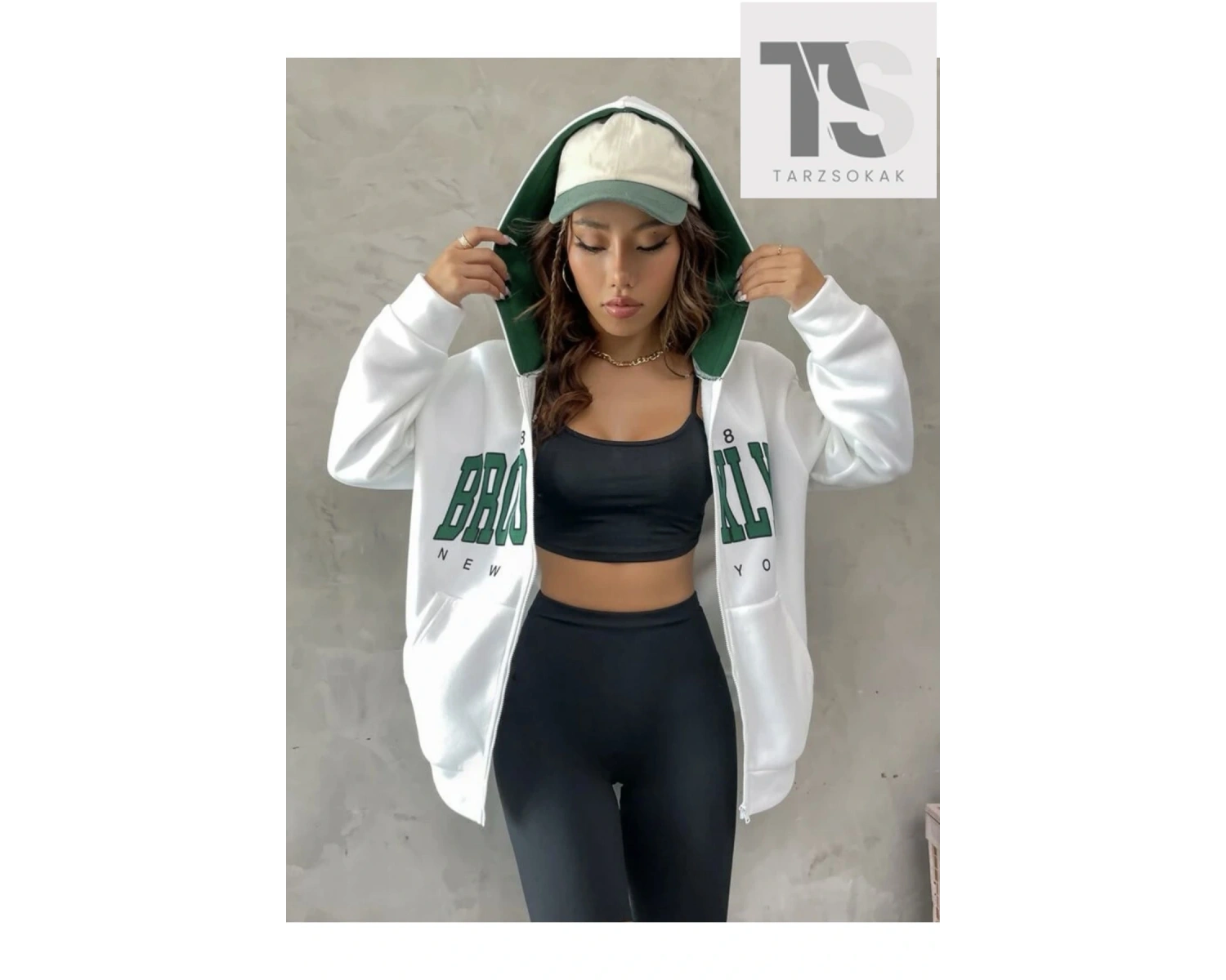 Beyaz Yeşil Kapüşonlu Fermuarli Brooklyn Oversize