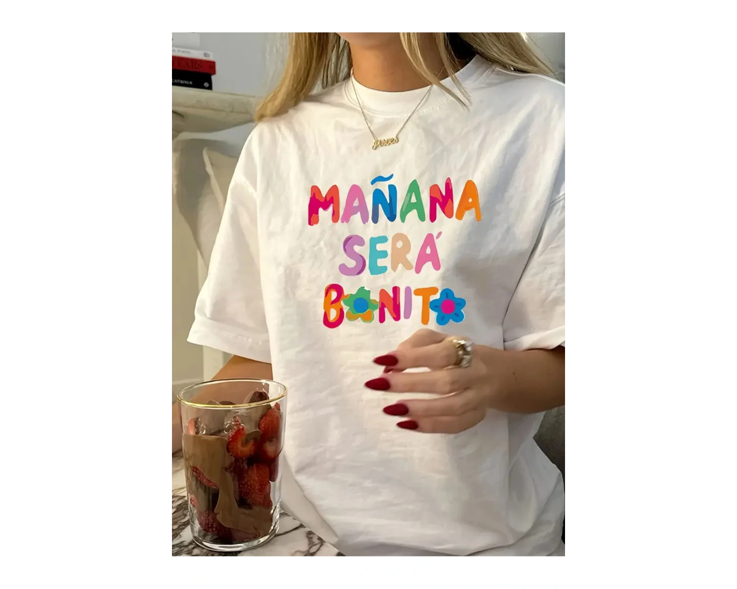 Beyaz Yumuşak Vintage Baskı Yuvarlak Yaka T Her Mevsim Üst Tee Graf