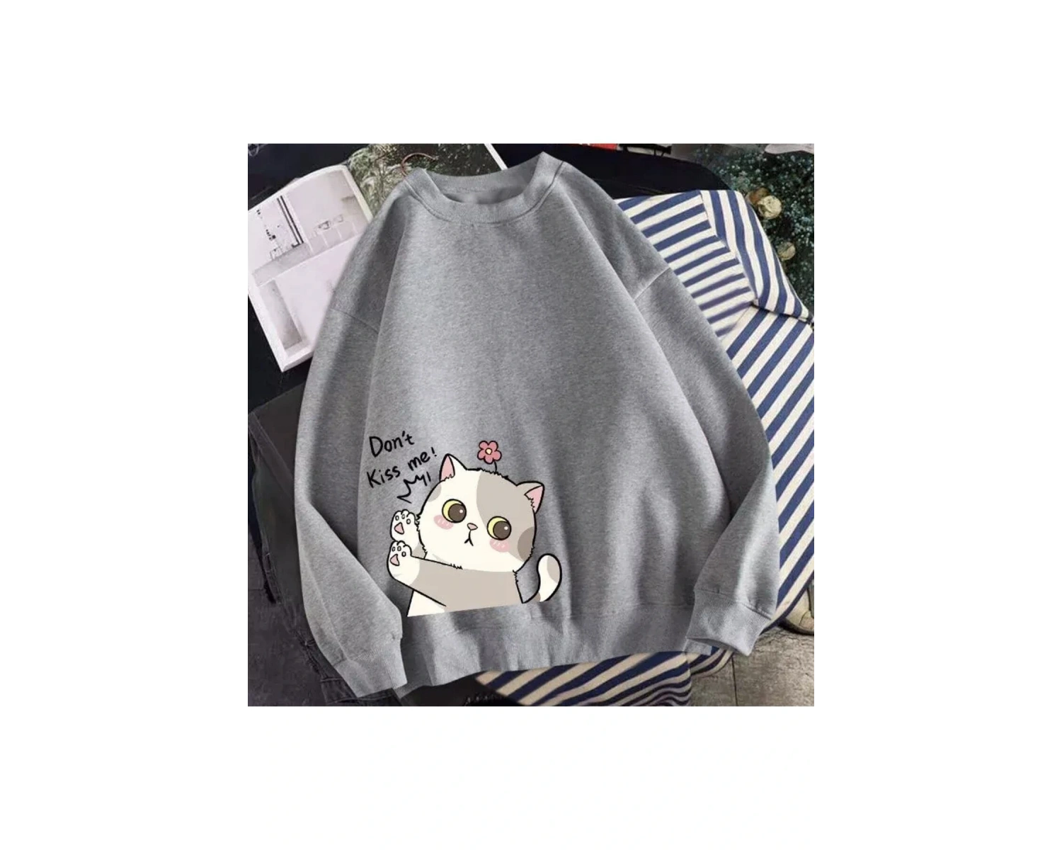 Bisiklet Yaka Dont Kıss Me Kedicik Baskılı Tam Kışlık Kalın Oversize Kadın Sweatsh Beyaz