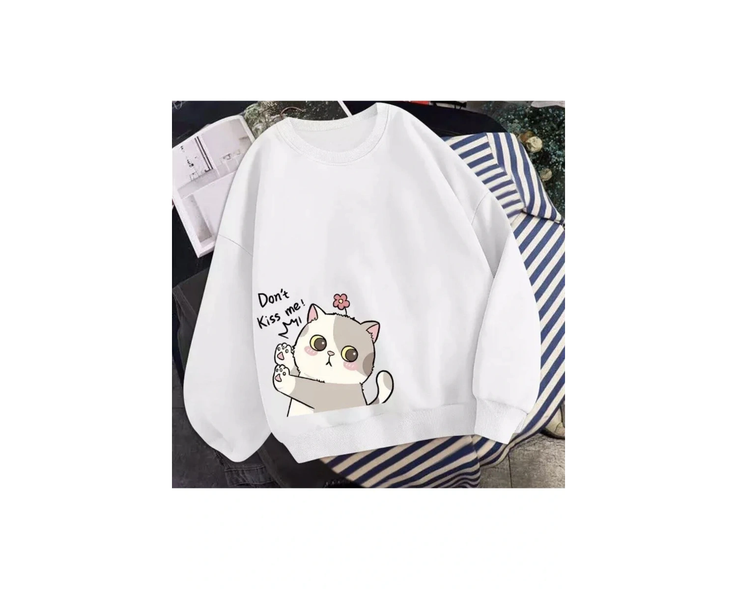 Bisiklet Yaka Dont Kıss Me Kedicik Baskılı Tam Kışlık Kalın Oversize Kadın Sweatsh Beyaz