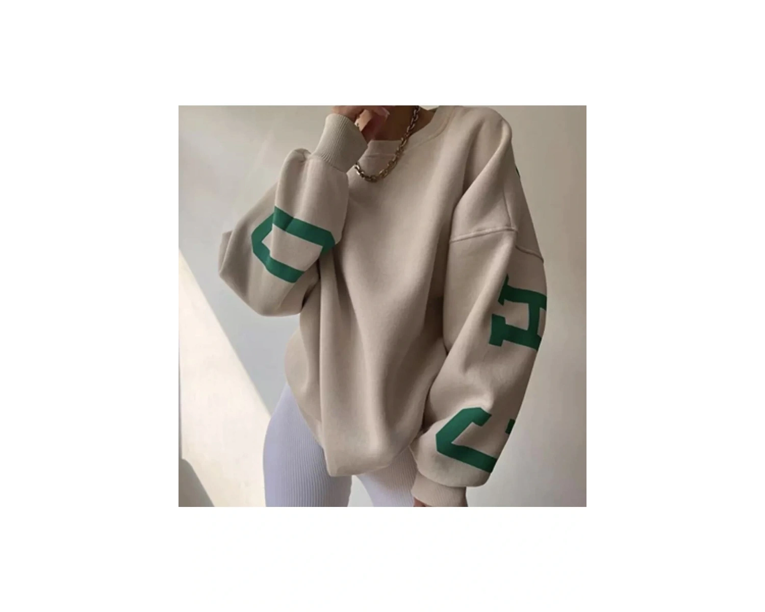 Bisiklet Yaka New York Baskılı Süper Oversize Sokak Stili Kadın Sweatshırt LDYCHC10 Beyaz