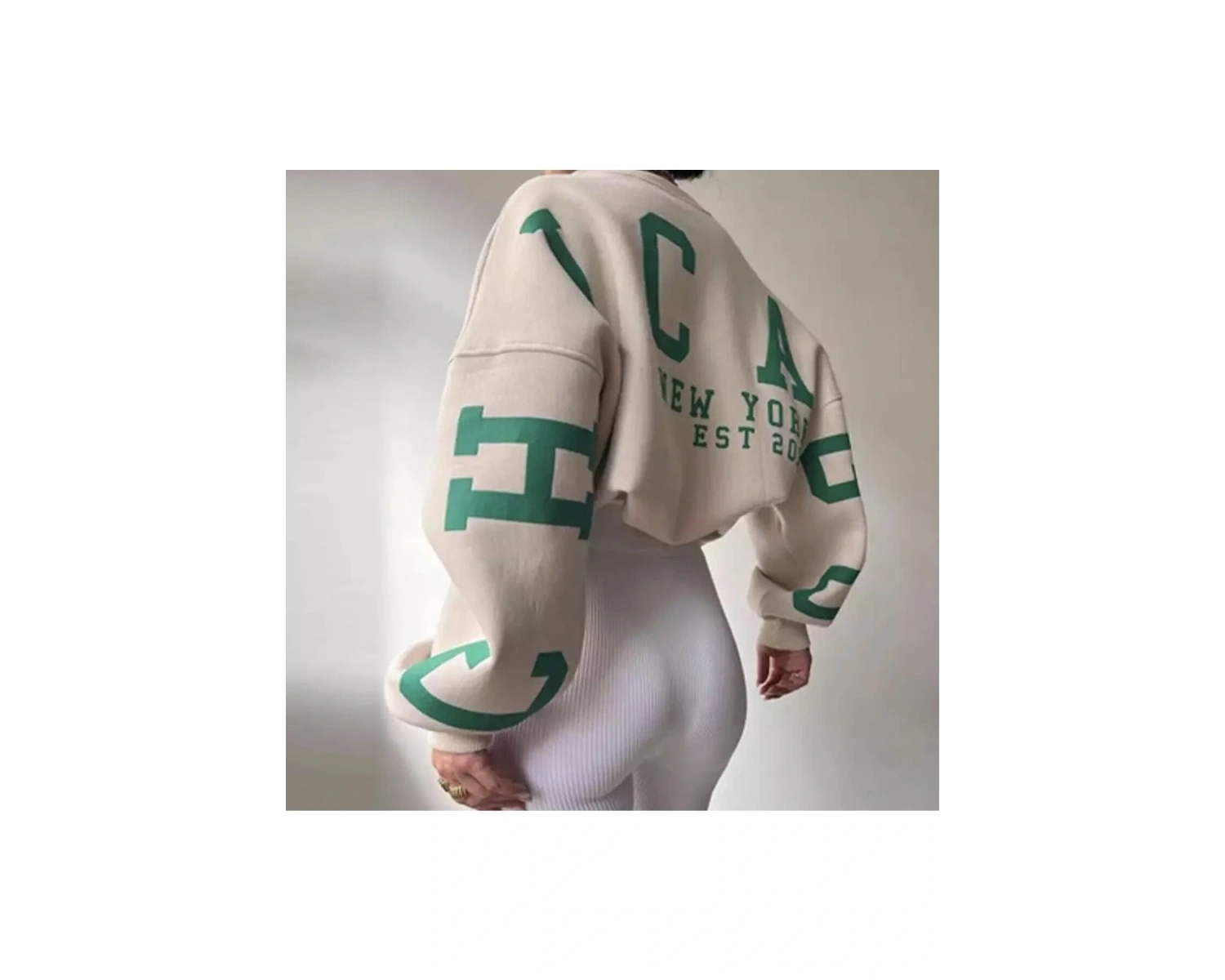 Bisiklet Yaka New York Baskılı Süper Oversize Sokak Stili Kadın Sweatshırt LDYCHC10 Beyaz