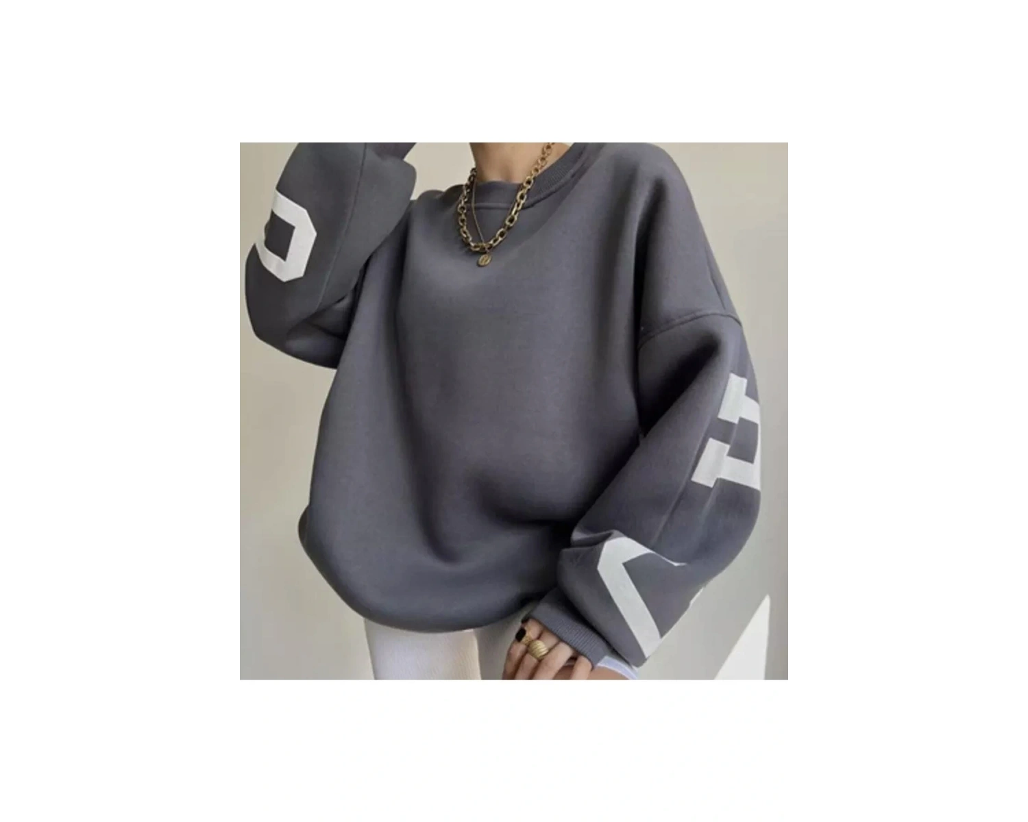 Bisiklet Yaka New York Baskılı Süper Oversize Sokak Stili Kadın Sweatshırt LDYCHC10 Beyaz