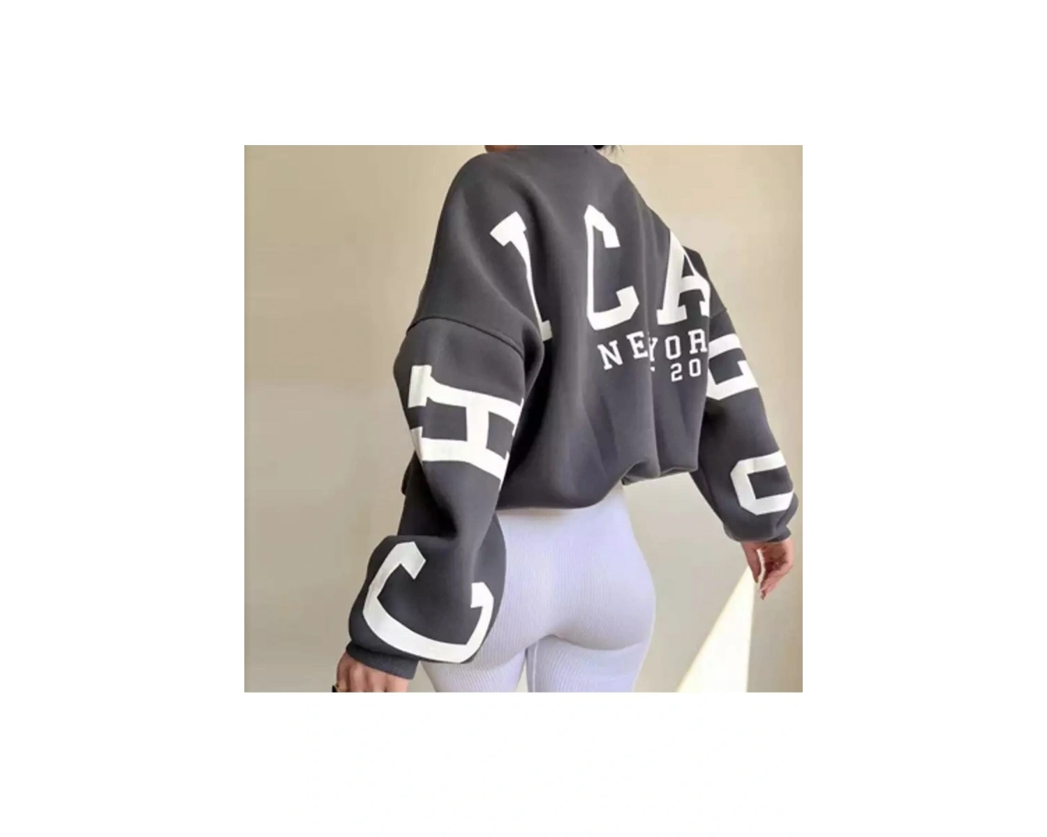 Bisiklet Yaka New York Baskılı Süper Oversize Sokak Stili Kadın Sweatshırt LDYCHC10 Beyaz