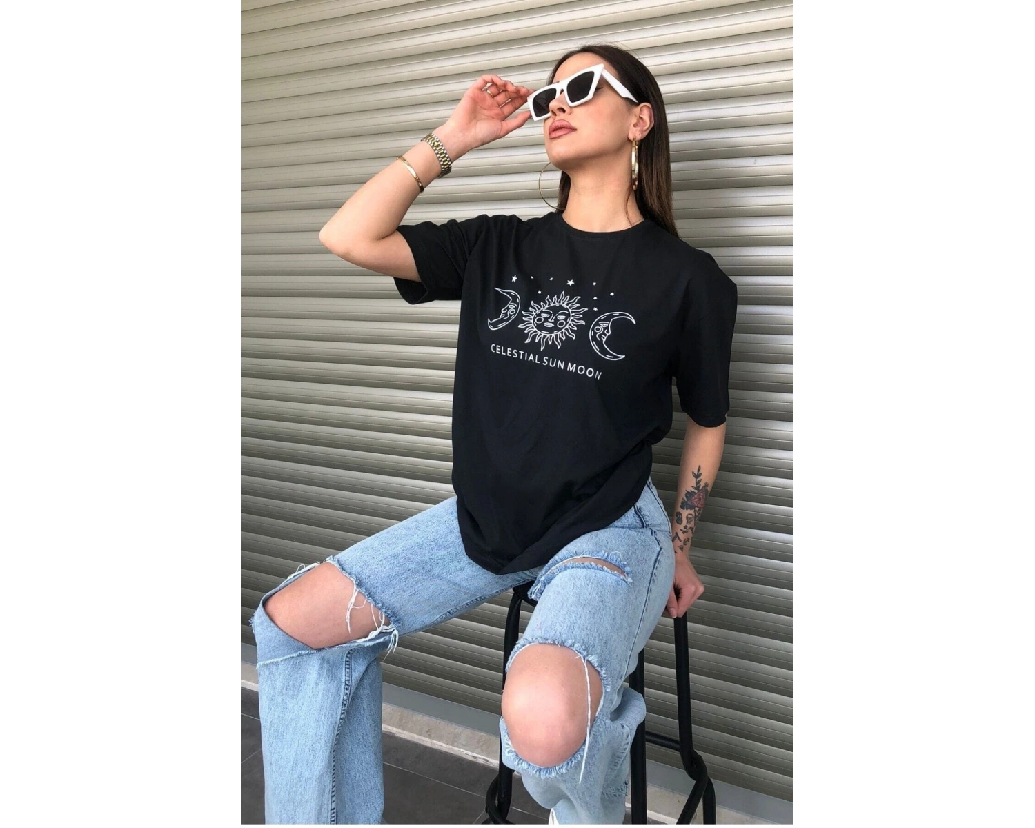 Bisiklet Yaka Siyah Ay Baskılı Oversize