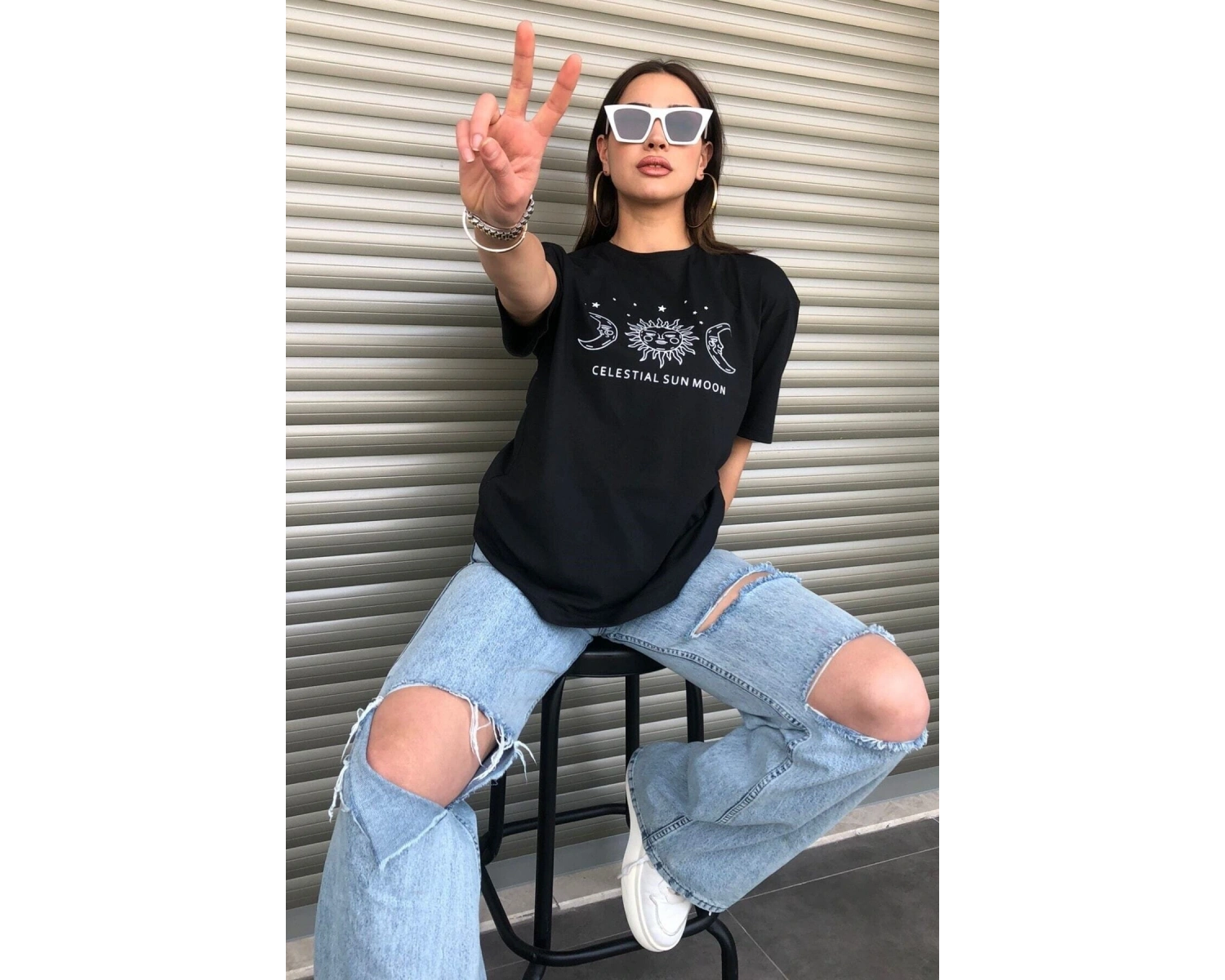 Bisiklet Yaka Siyah Ay Baskılı Oversize