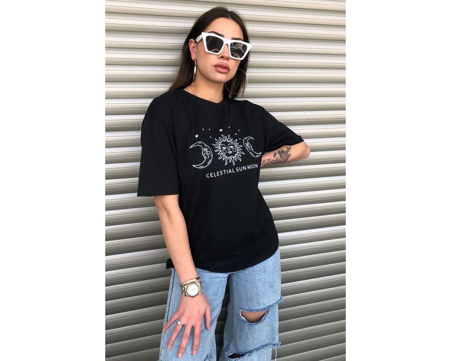 Bisiklet Yaka Siyah Ay Baskılı Oversize