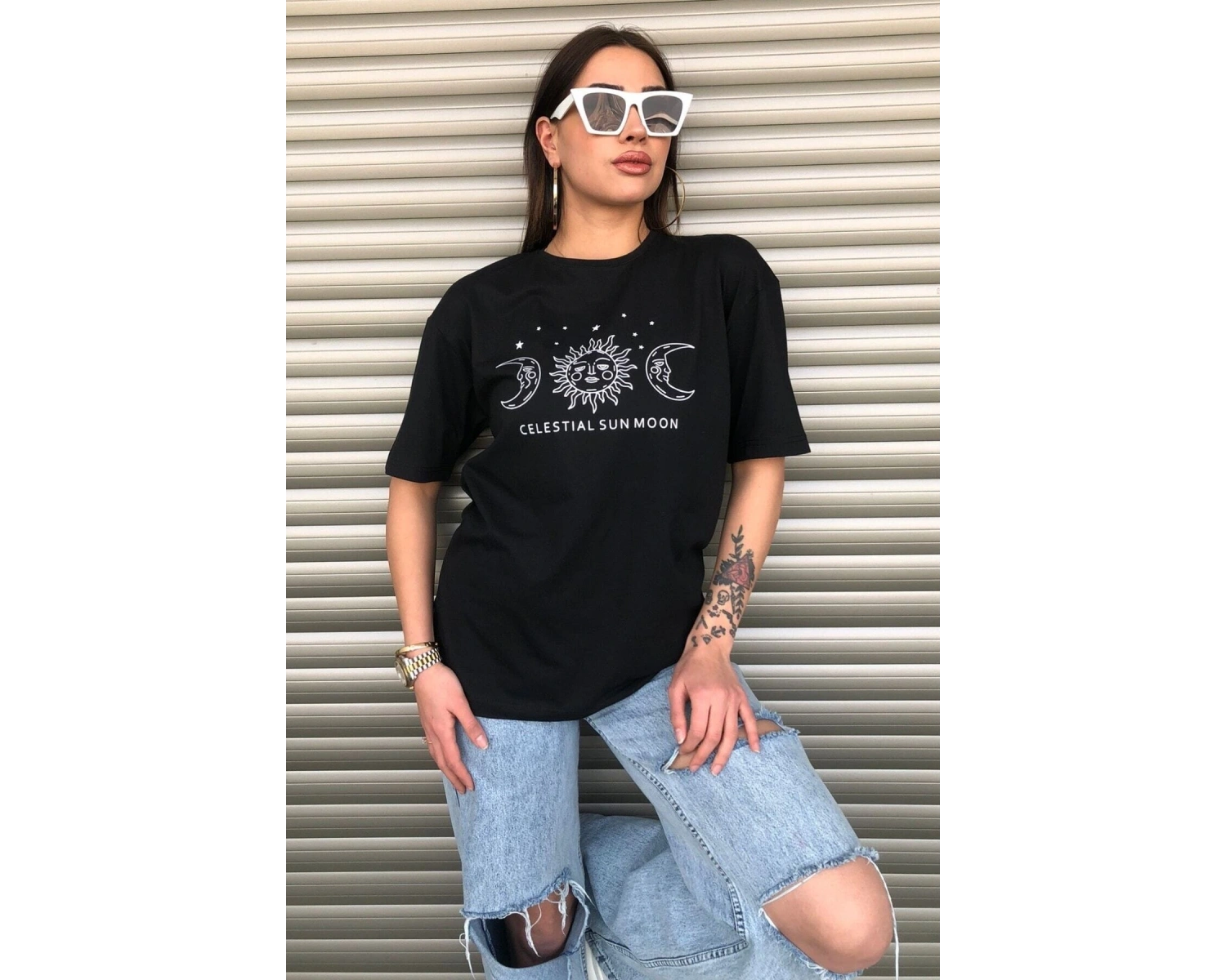 Bisiklet Yaka Siyah Ay Baskılı Oversize