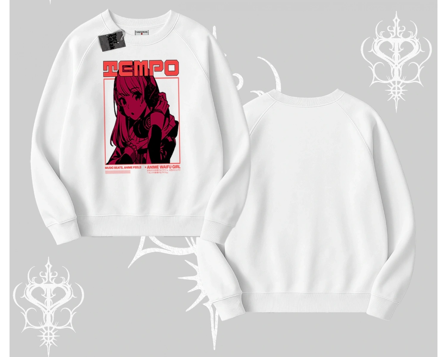 Biskilet Sweatshirt Anime Waifu Kırmızı Grafik Desenli