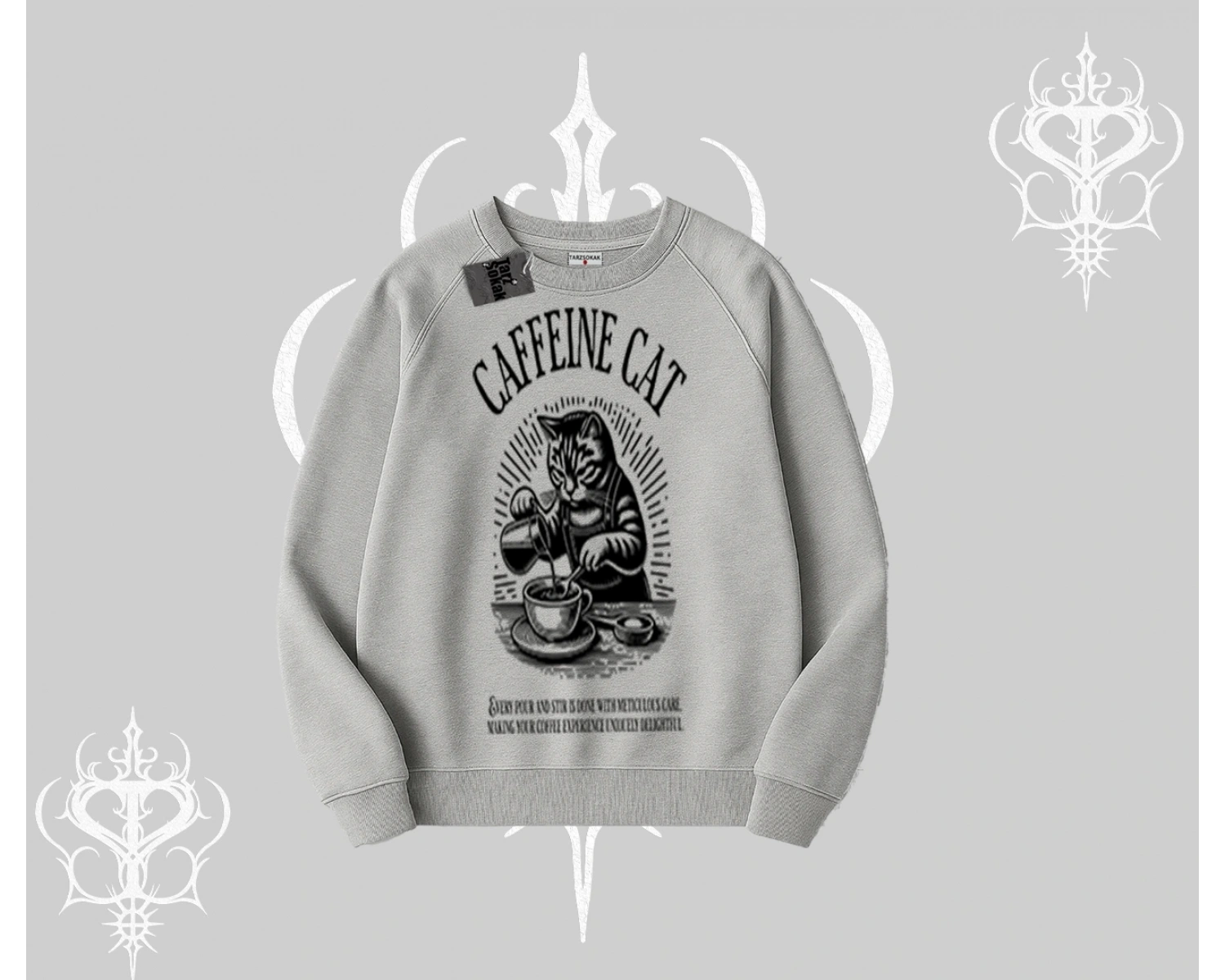 Biskilet Sweatshirt Caffeine Cat Kahve Temalı Kedi Baskılı