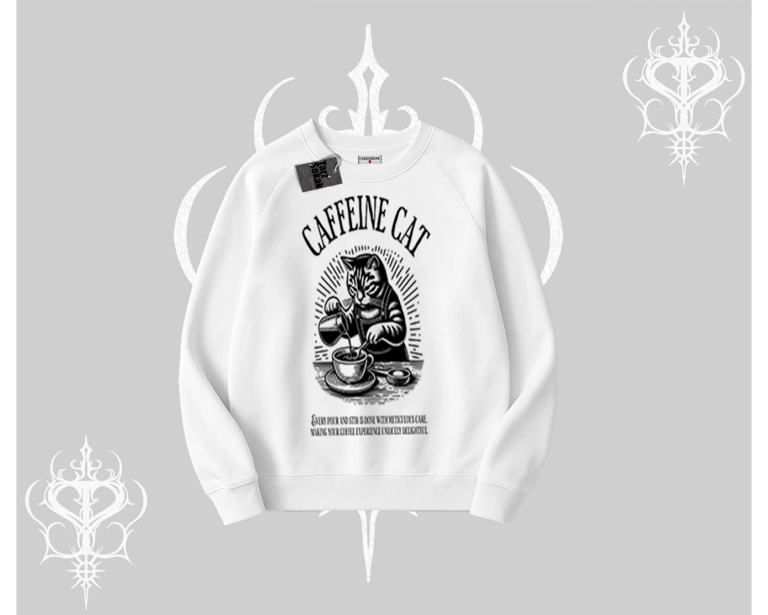 Biskilet Sweatshirt Caffeine Cat Kahve Temalı Kedi Baskılı
