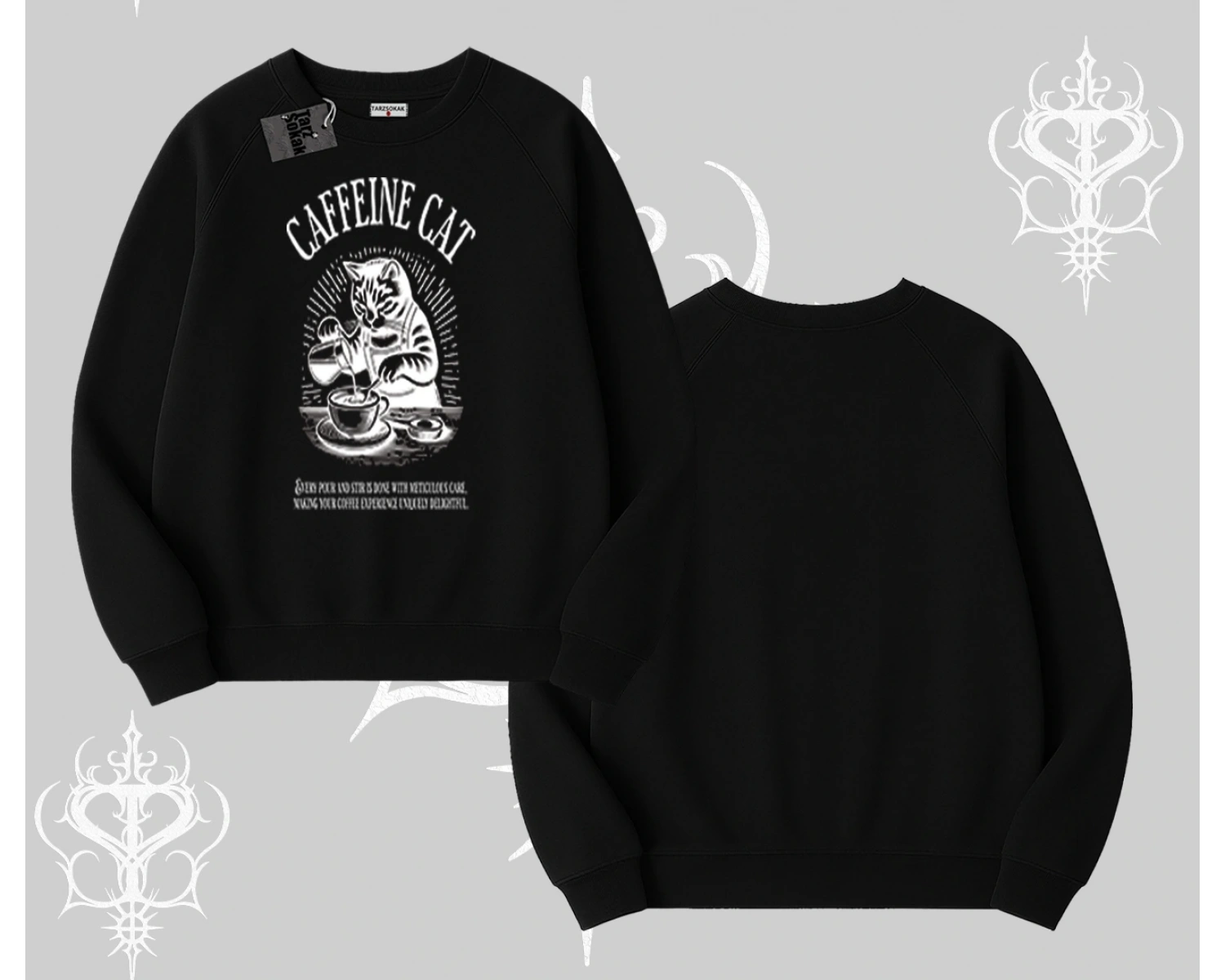 Biskilet Sweatshirt Caffeine Cat Kahve Temalı Kedi Baskılı