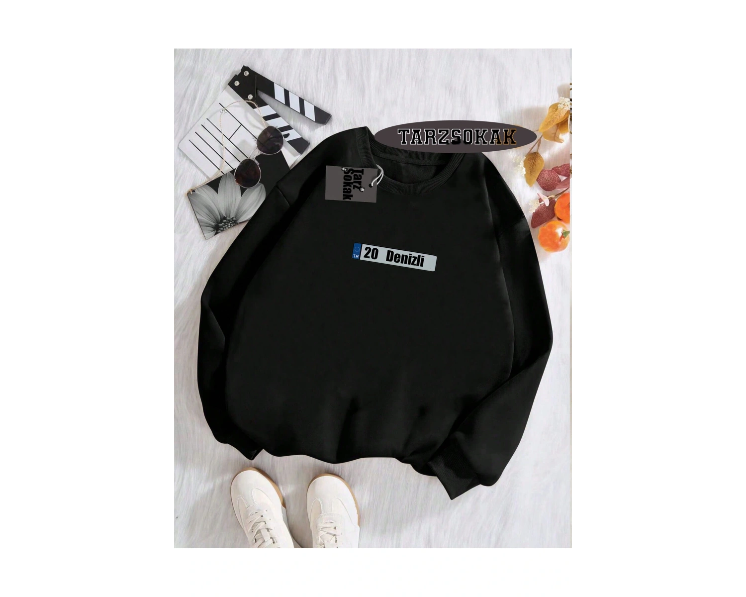 Biskilet Yaka Sweatshirt Beyaz 20 Denizli Özel Tasarım Plaka Detaylı