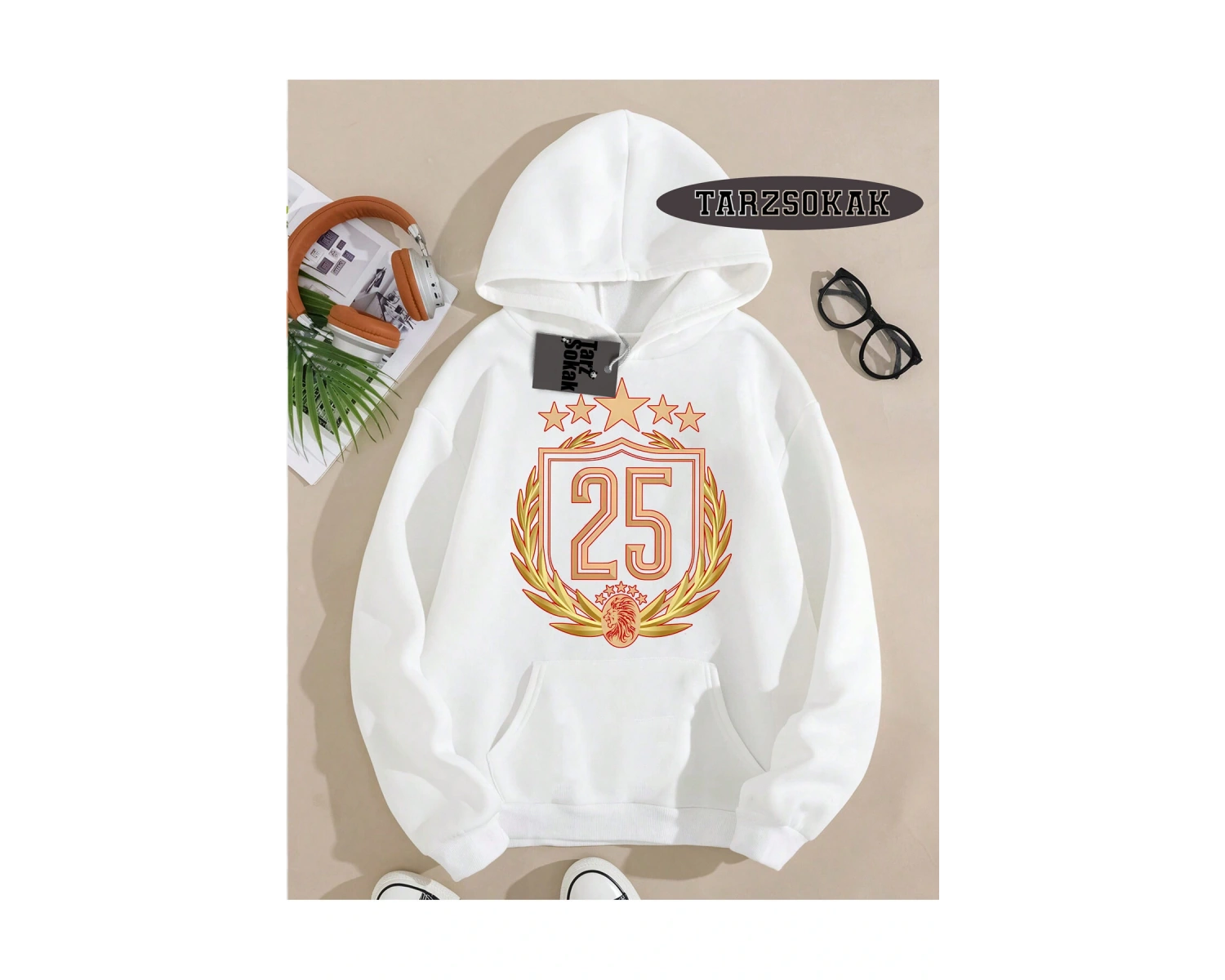 Biskilet Yaka Sweatshirt Beyaz 5 KUPALI 5 Yıldızlı Özel Tasarım