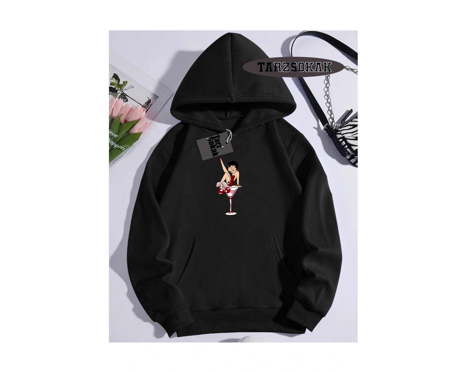 Biskilet Yaka Sweatshirt Beyaz Betty Boop Özel Tasarım