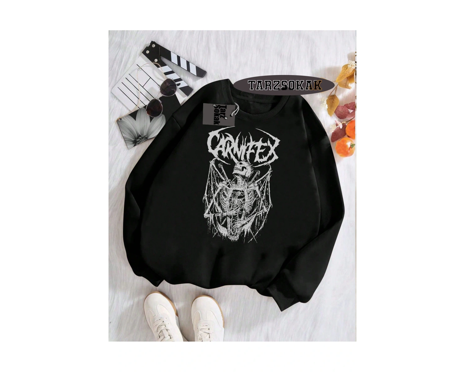 Biskilet Yaka Sweatshirt Beyaz Carnifex Özel Tasarım