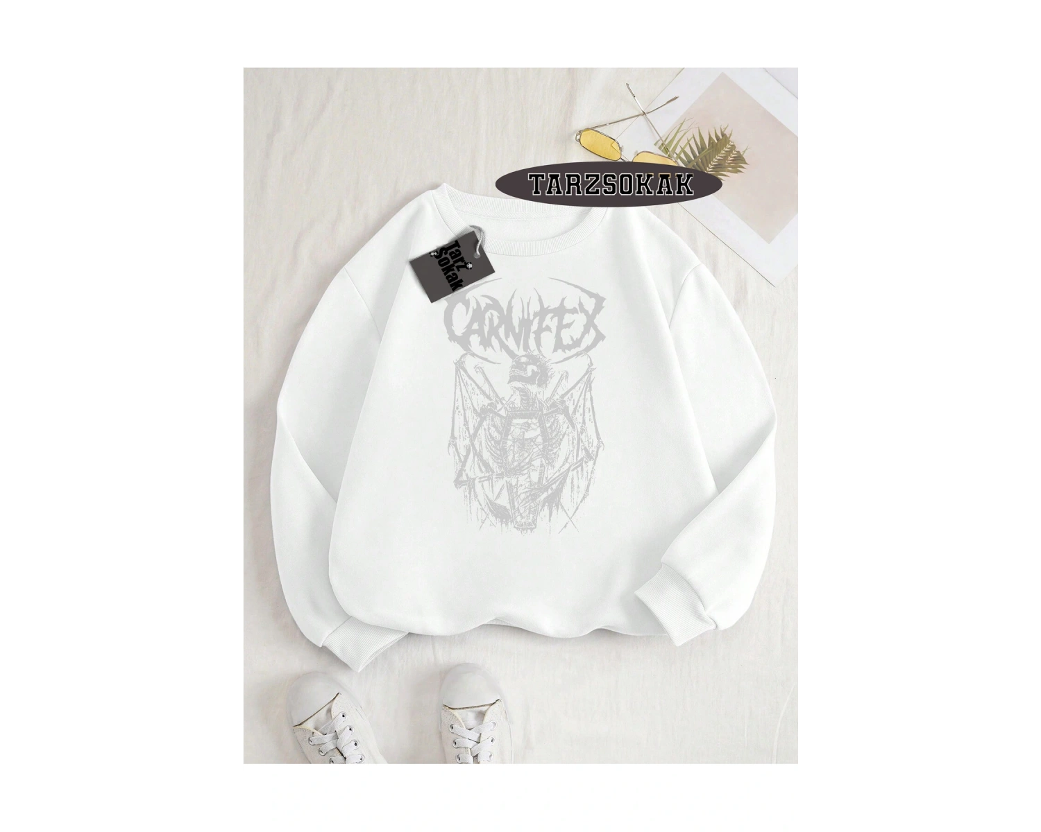 Biskilet Yaka Sweatshirt Beyaz Carnifex Özel Tasarım