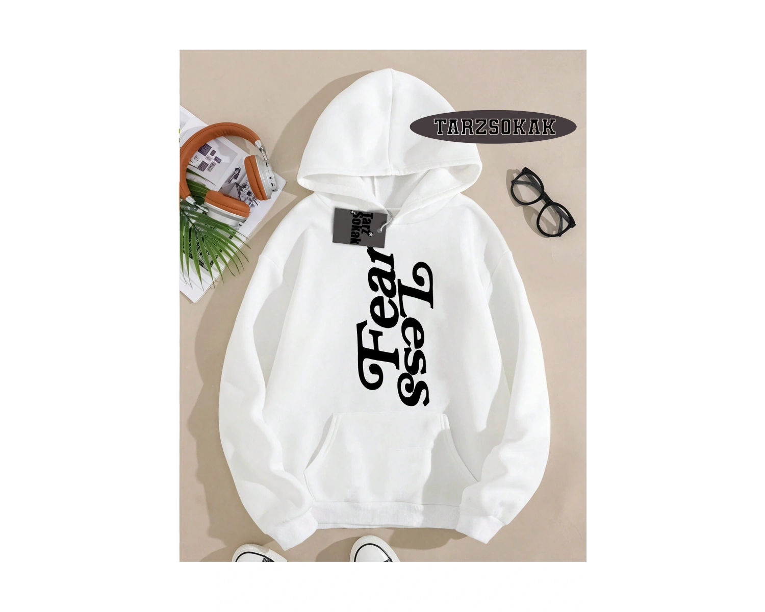 Biskilet Yaka Sweatshirt Beyaz Fear Less Özel Tasarım