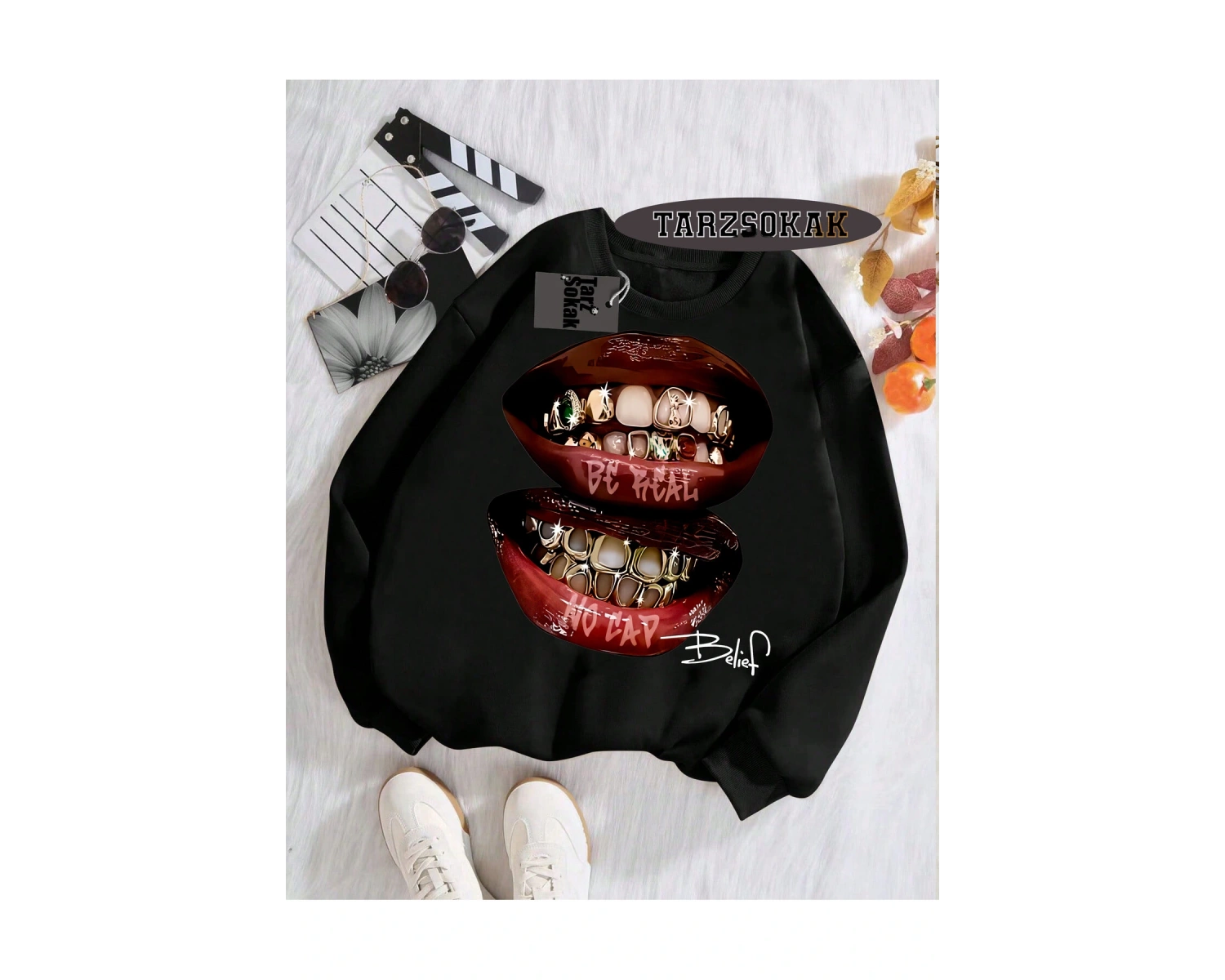 Biskilet Yaka Sweatshirt Beyaz Grillz Tee Özel Tasarım