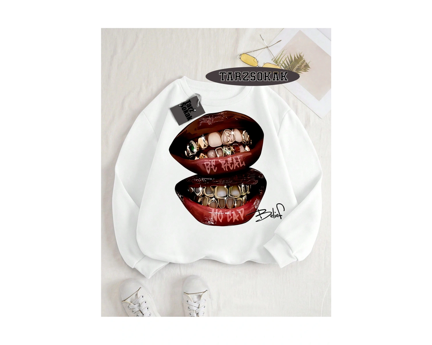 Biskilet Yaka Sweatshirt Beyaz Grillz Tee Özel Tasarım