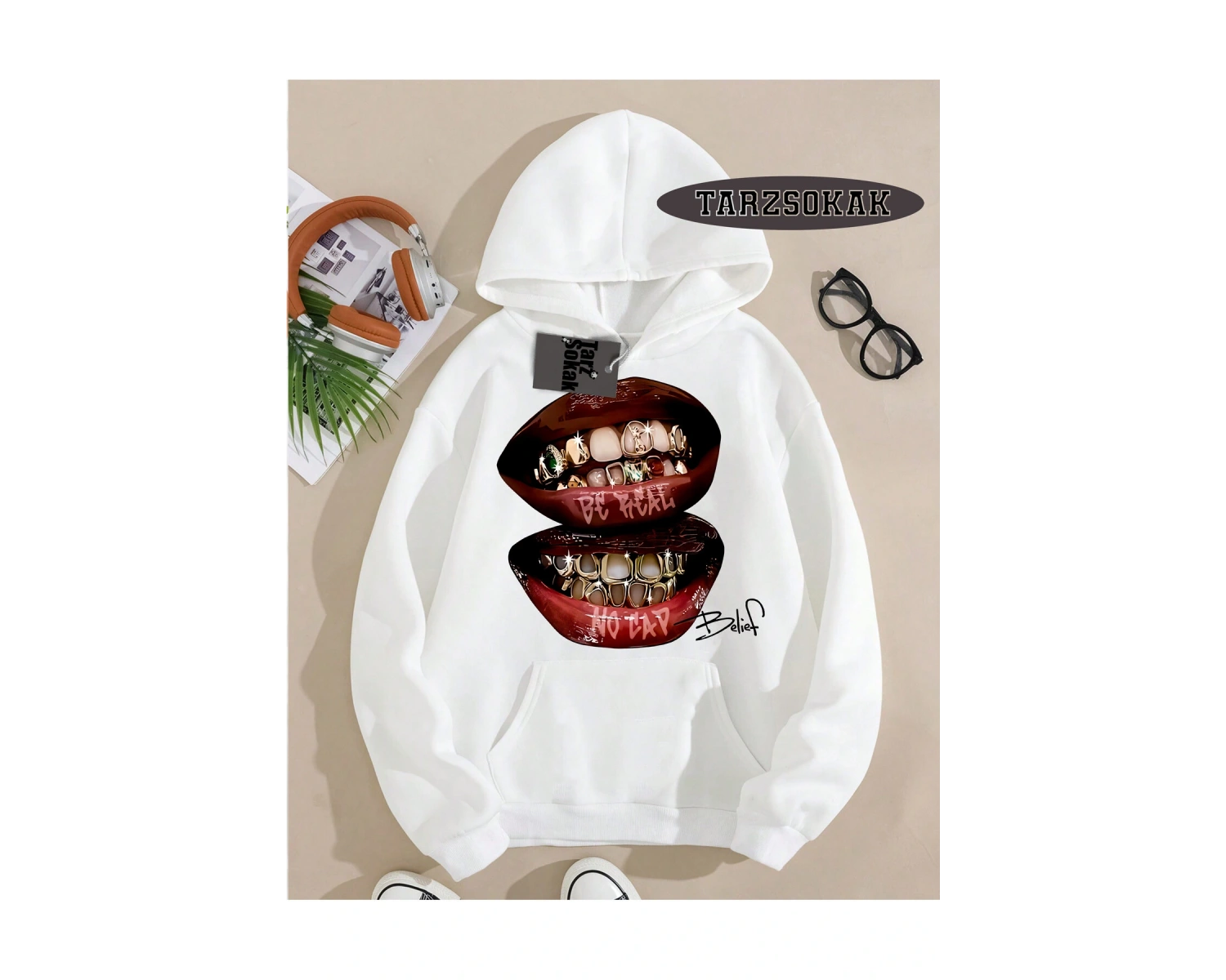 Biskilet Yaka Sweatshirt Beyaz Grillz Tee Özel Tasarım