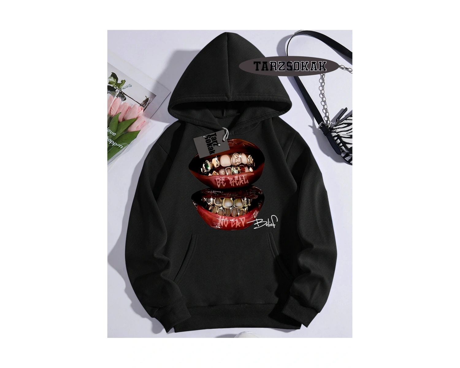 Biskilet Yaka Sweatshirt Beyaz Grillz Tee Özel Tasarım