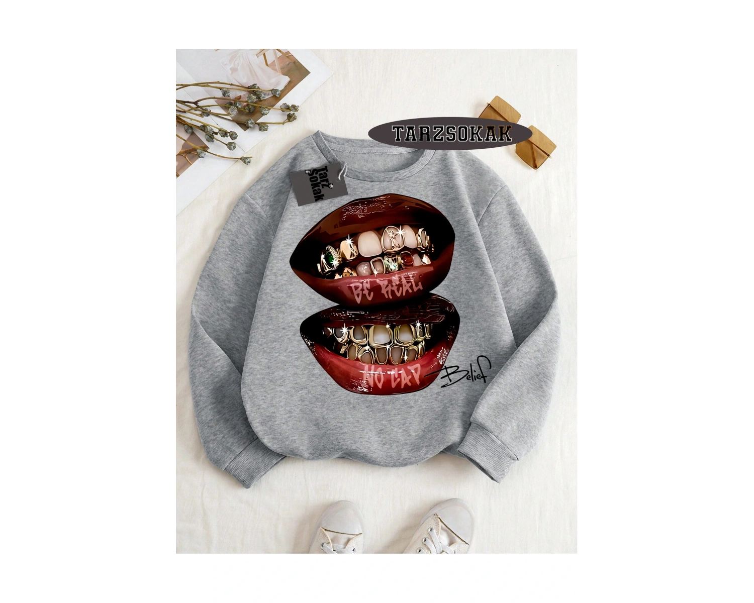 Biskilet Yaka Sweatshirt Beyaz Grillz Tee Özel Tasarım