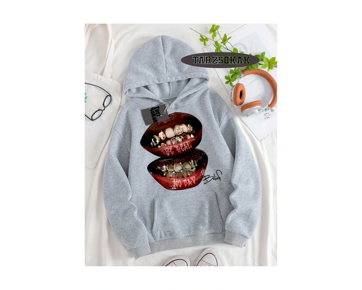 Biskilet Yaka Sweatshirt Beyaz Grillz Tee Özel Tasarım