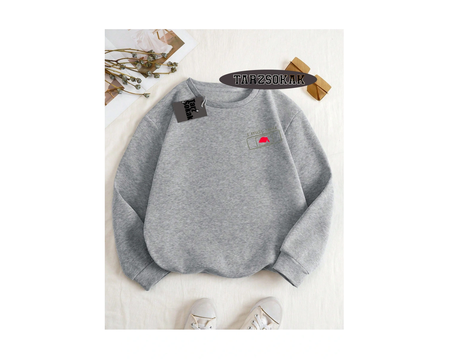 Biskilet Yaka Sweatshirt Beyaz I miss you Özel Tasarım