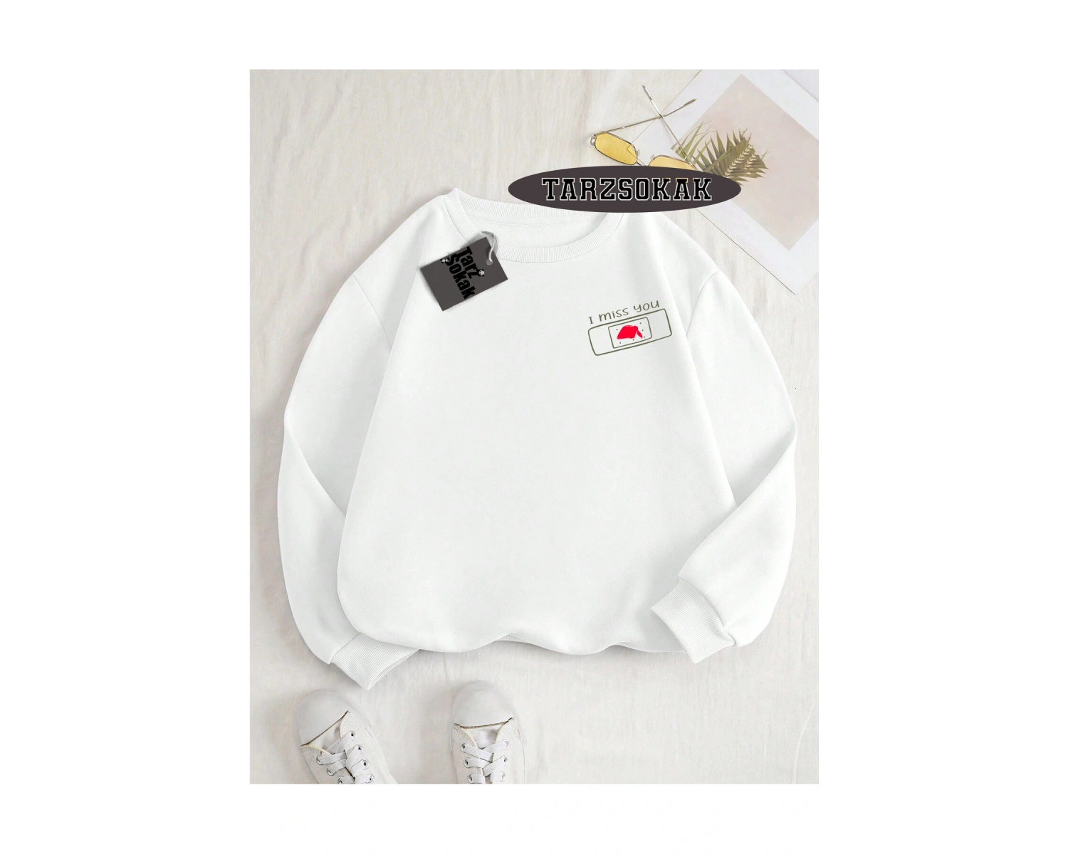 Biskilet Yaka Sweatshirt Beyaz I miss you Özel Tasarım