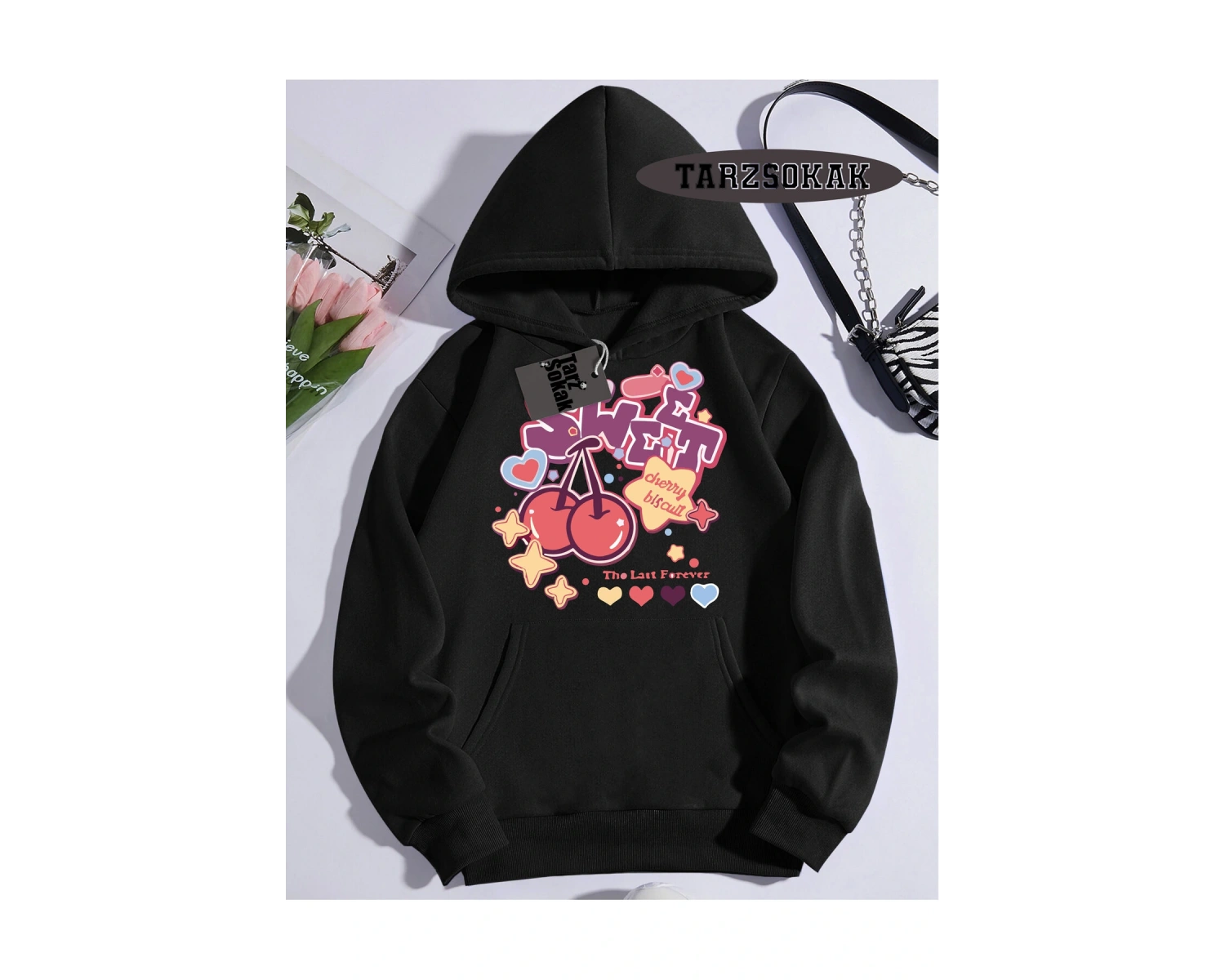 Biskilet Yaka Sweatshirt Beyaz Melodies Kiraz Özel Tasarım