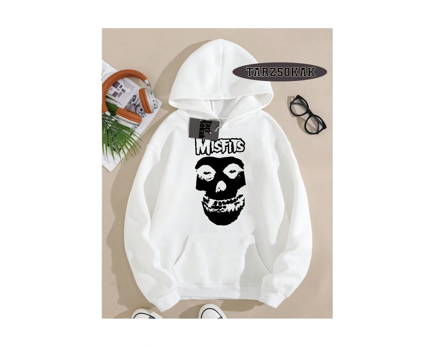 Biskilet Yaka Sweatshirt Beyaz Misfits Punk Özel Tasarım