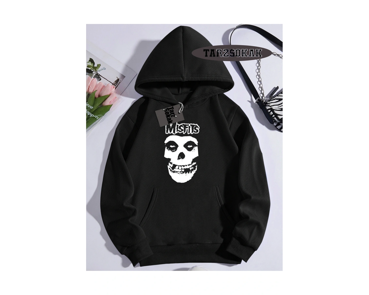 Biskilet Yaka Sweatshirt Beyaz Misfits Punk Özel Tasarım