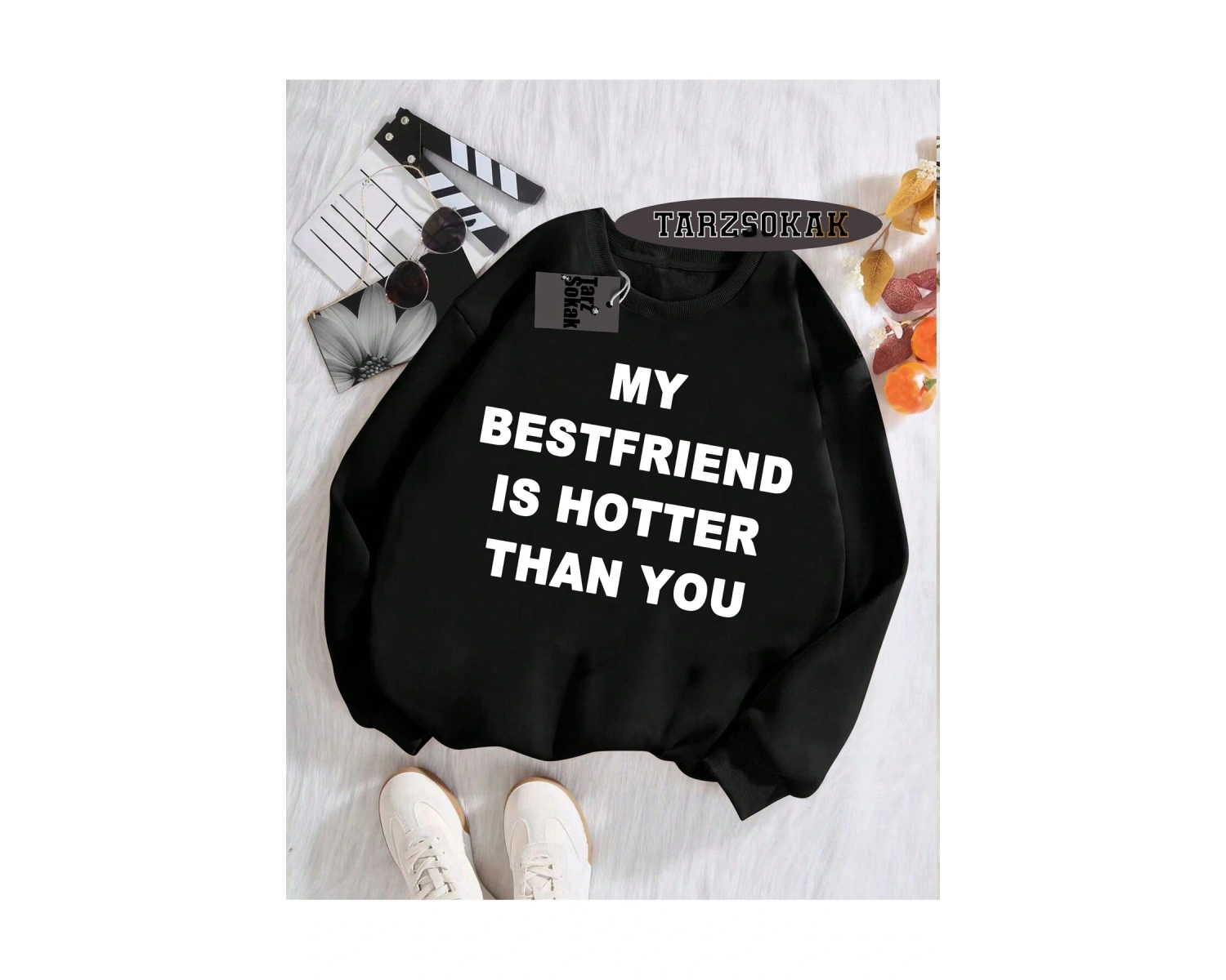 Biskilet Yaka Sweatshirt Beyaz my Bestfriend Özel Tasarım