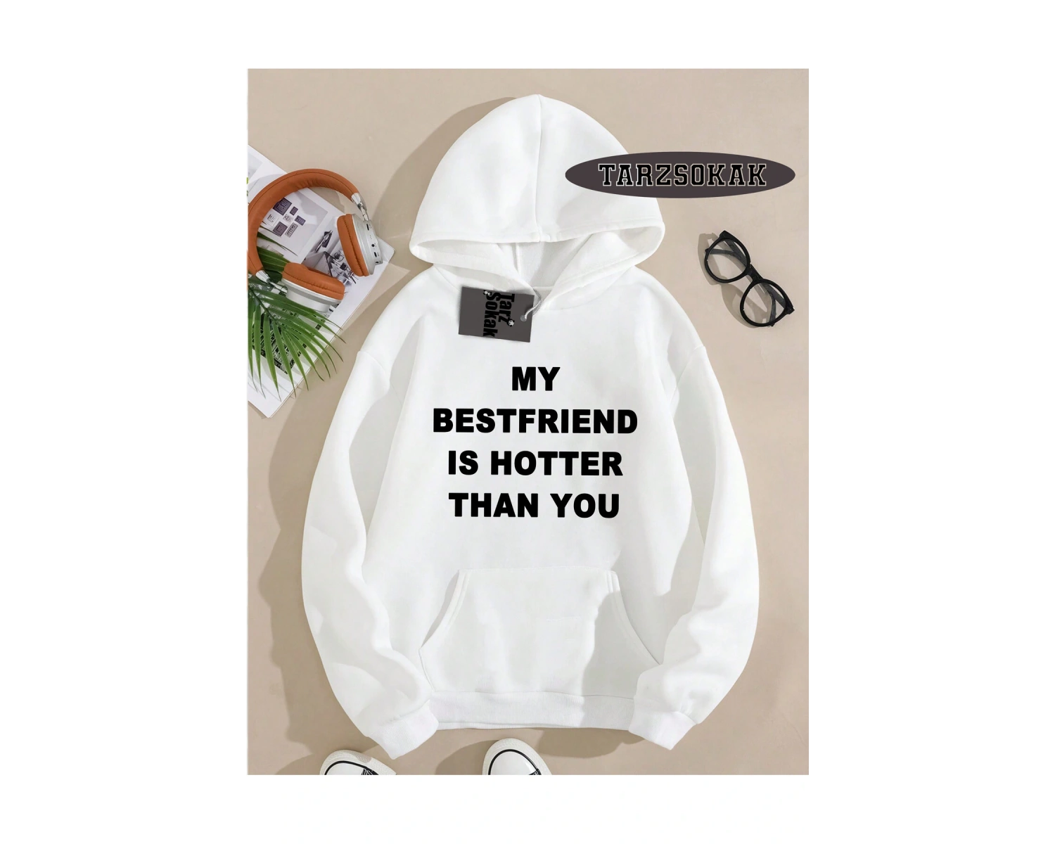 Biskilet Yaka Sweatshirt Beyaz my Bestfriend Özel Tasarım