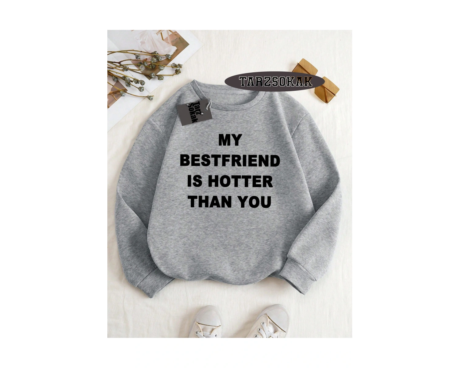 Biskilet Yaka Sweatshirt Beyaz my Bestfriend Özel Tasarım