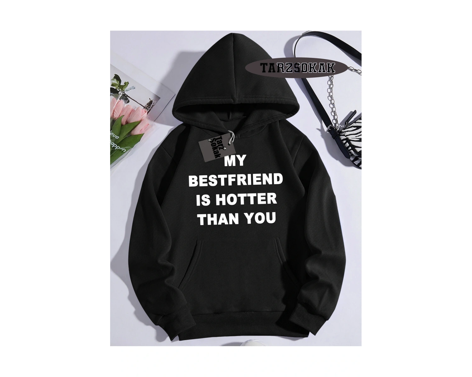 Biskilet Yaka Sweatshirt Beyaz my Bestfriend Özel Tasarım