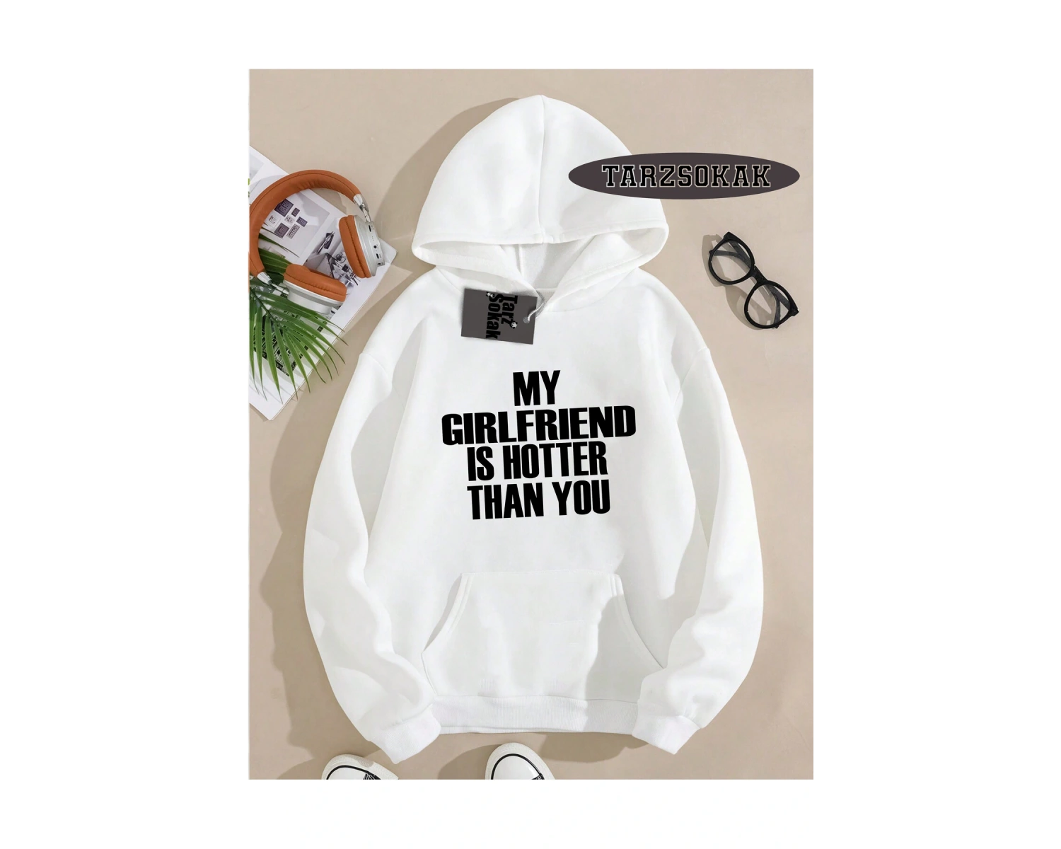 Biskilet Yaka Sweatshirt Beyaz My Girlfriend Özel Tasarım