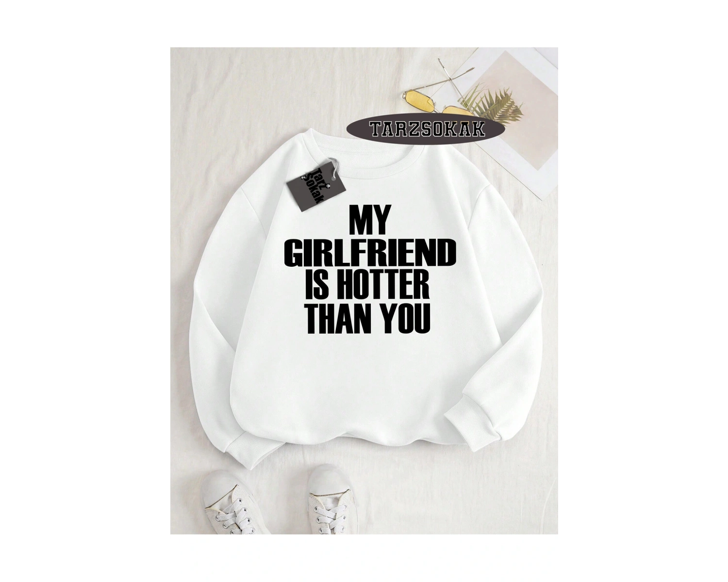 Biskilet Yaka Sweatshirt Beyaz My Girlfriend Özel Tasarım