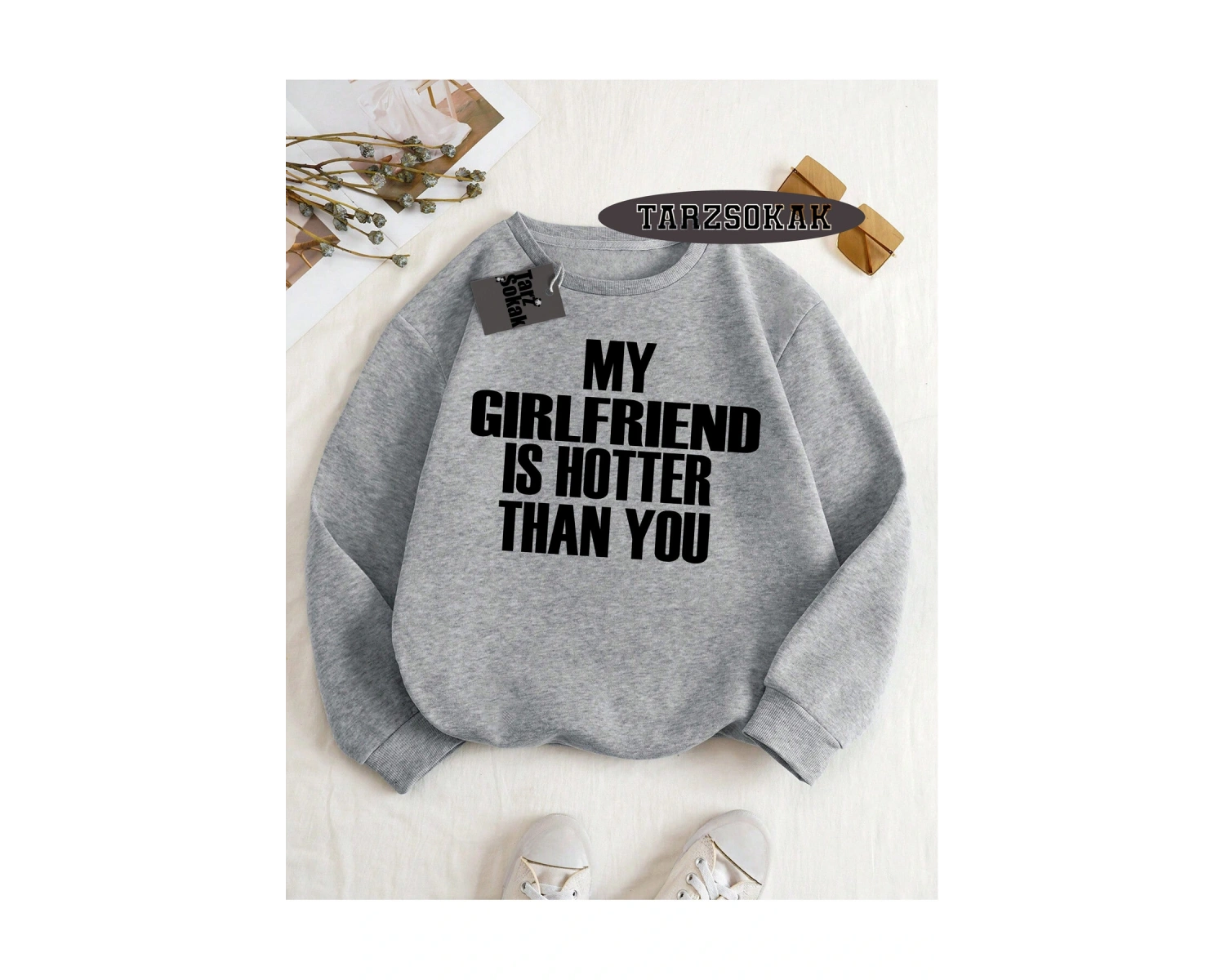 Biskilet Yaka Sweatshirt Beyaz My Girlfriend Özel Tasarım