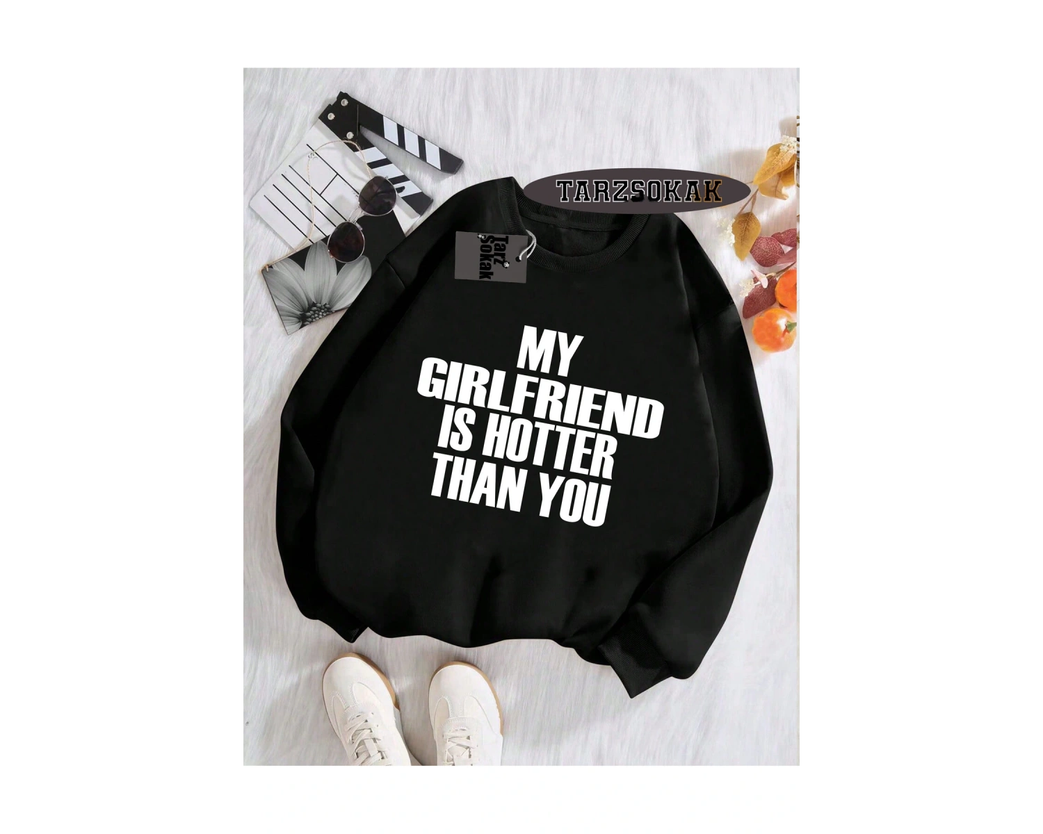 Biskilet Yaka Sweatshirt Beyaz My Girlfriend Özel Tasarım