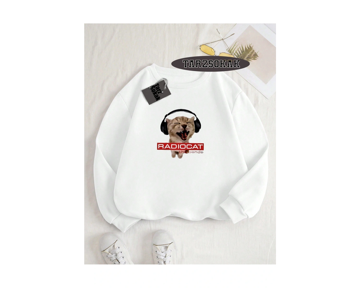 Biskilet Yaka Sweatshirt Beyaz Rock Grubu Radiohead Özel Tasarım