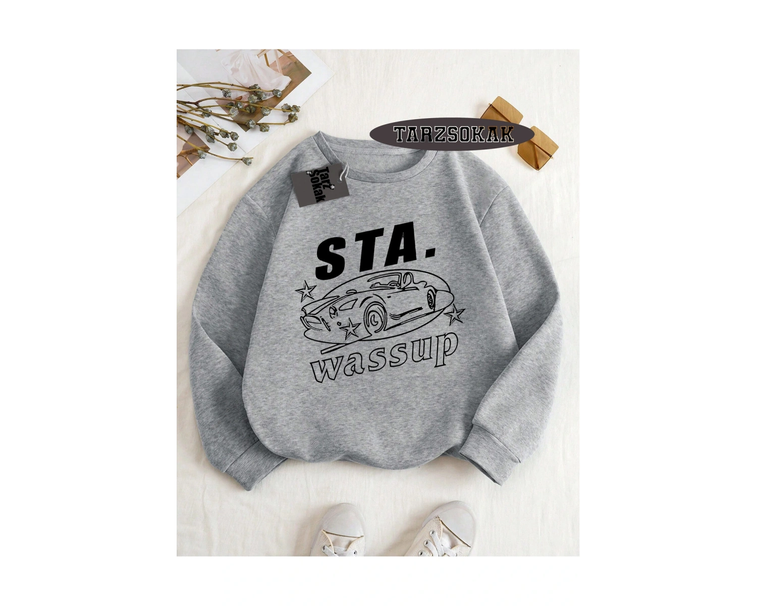 Biskilet Yaka Sweatshirt Beyaz STA. WASSUP Özel Tasarım