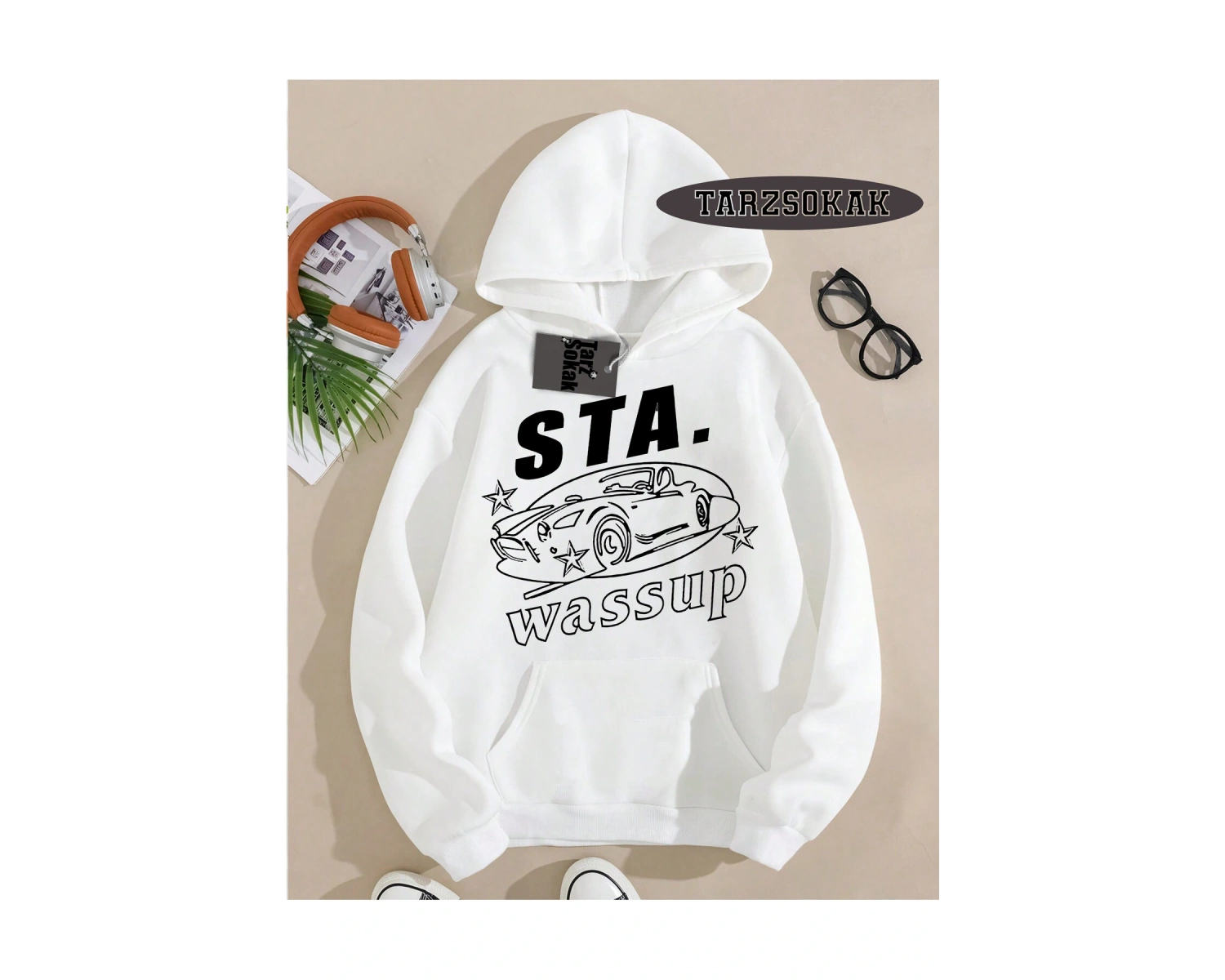 Biskilet Yaka Sweatshirt Beyaz STA. WASSUP Özel Tasarım