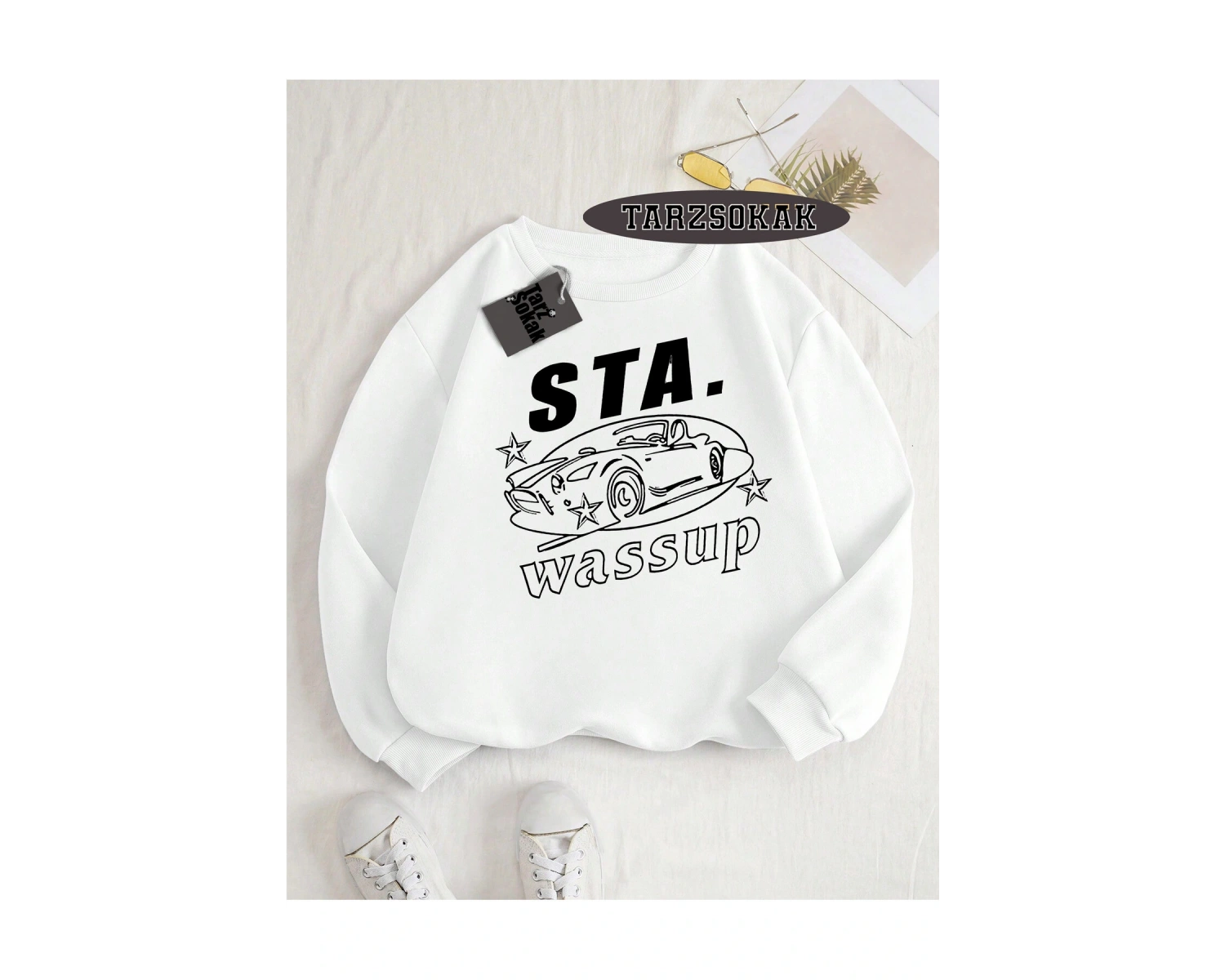 Biskilet Yaka Sweatshirt Beyaz STA. WASSUP Özel Tasarım