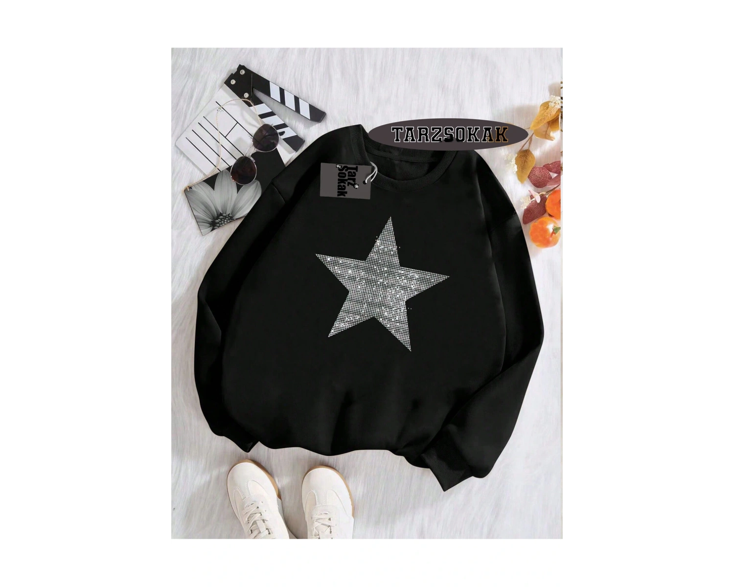 Biskilet Yaka Sweatshirt Beyaz YILDIZ DESENLİ Özel Tasarım