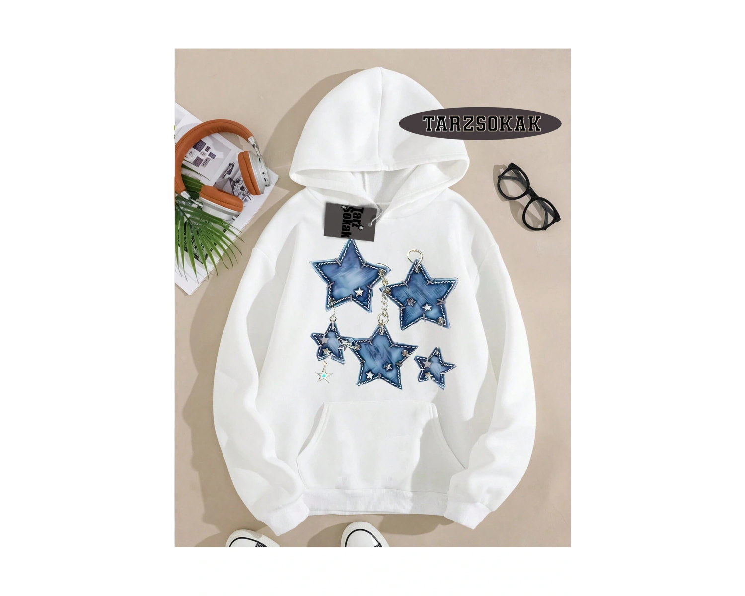 Biskilet Yaka Sweatshirt Beyaz YILDIZ DESENLİ Özel Tasarım